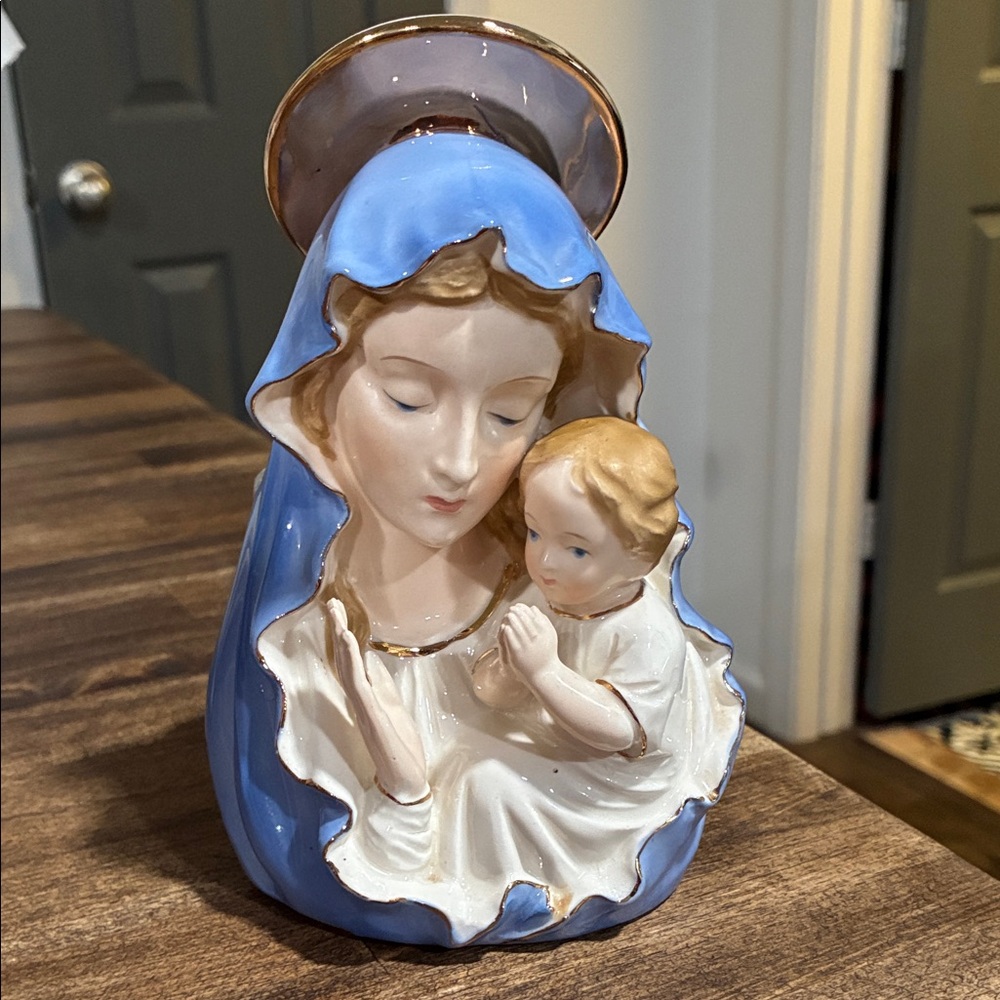 Blue and White Madonna and Child Porcelain Planter